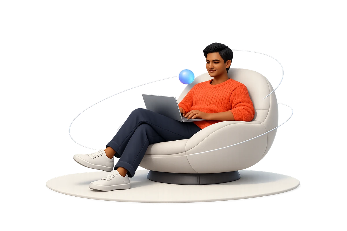 A person relaxing with a laptop while Scout's voice agent works in the background